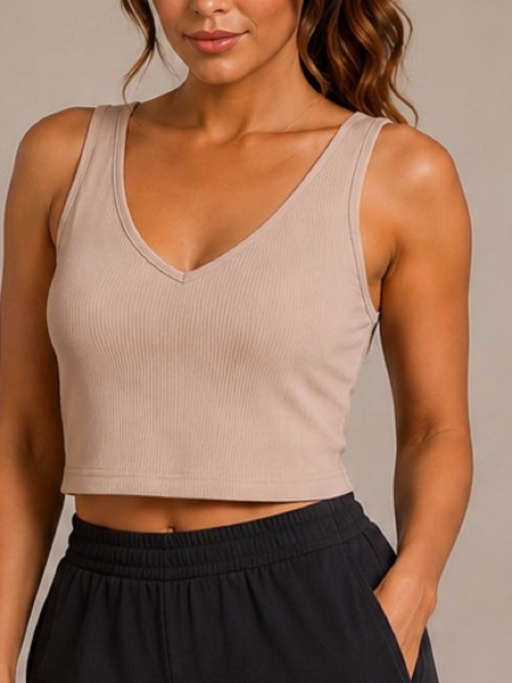 Ribbed V-Neck Crop Tank Top - Beige